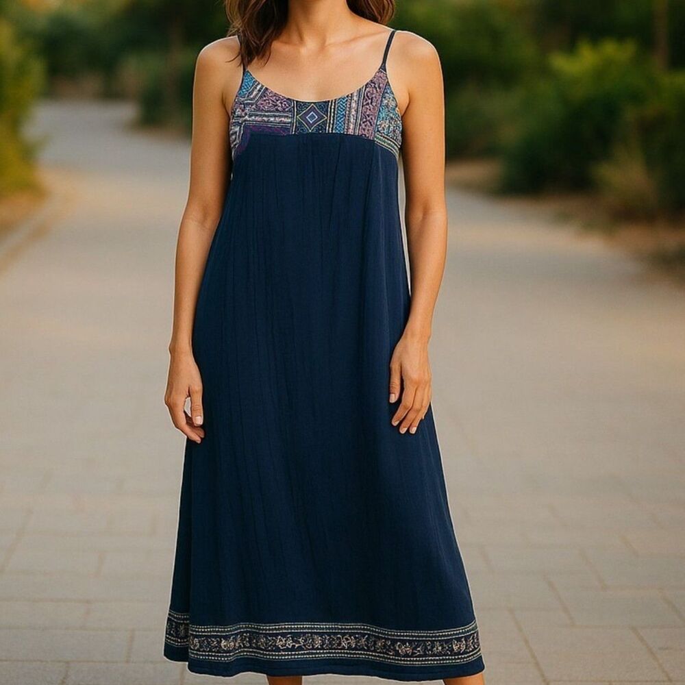 Artisan NY Navy Embroidered Boho Cotton Maxi XS